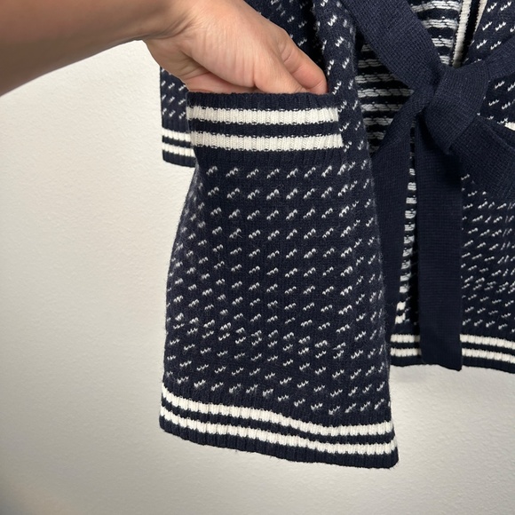 LL Bean women size L signature wool blend long cardigan navy white belted NEW - Picture 5 of 15